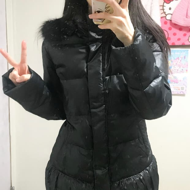 빈티지 블랙 퍼 후드 패딩 코트 오네갸루 로걀 라떼 공겜여주 긱시크 고딕