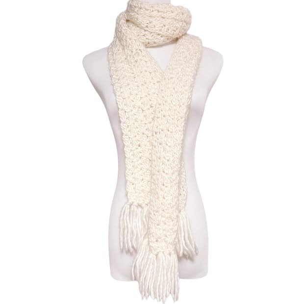 (이체시에눌) 일본 뜨개 짜임 화이트 크로셰 포인트 태슬 머플러 