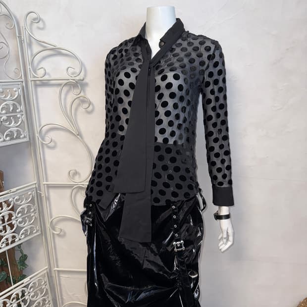Black dot tie ribbon silk blouse
