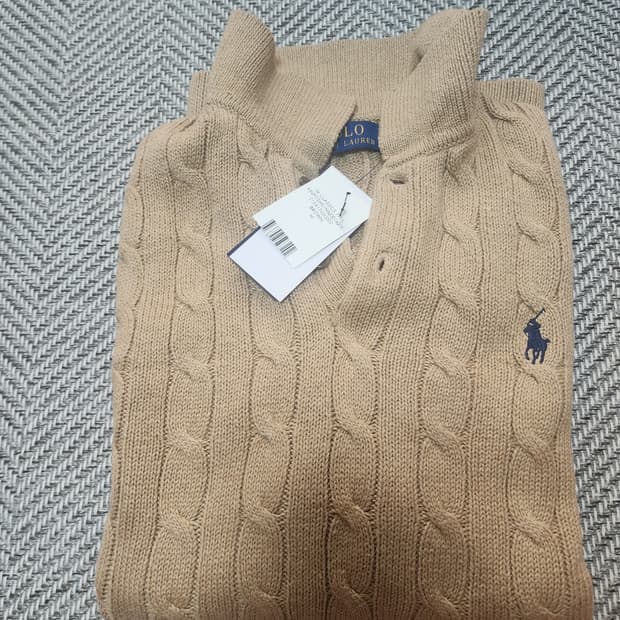 폴로랄프로렌 케이블 카라 반팔 니트m 카멜멜란지