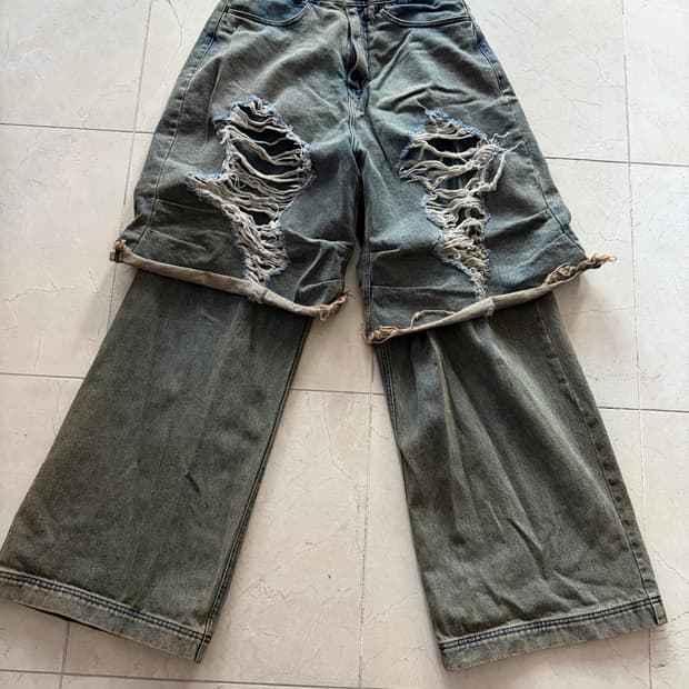 BLR 블러 데미지 워싱 와이드 데님 M