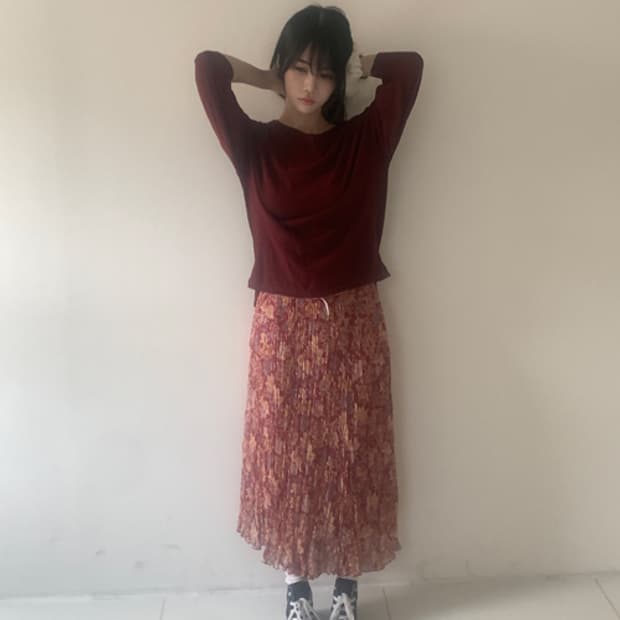 Oriental flower pleats skirt