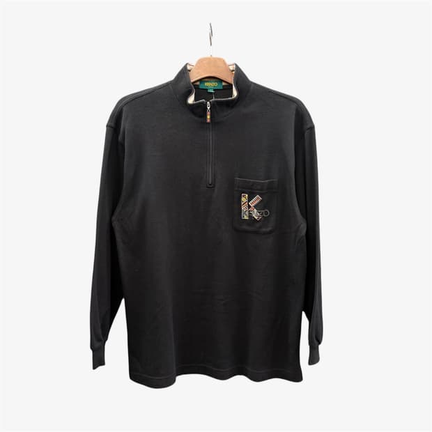 겐조 반집업 니트 포켓 컬러풀 넥카라 자수로고 디테일 블랙