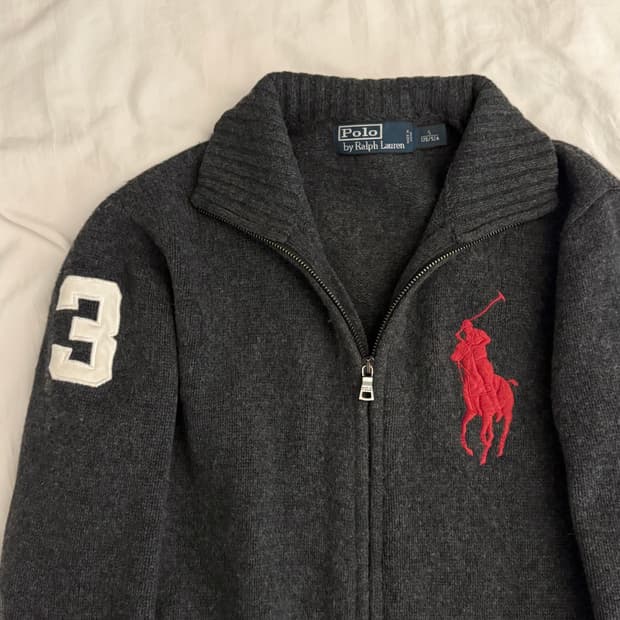 폴로 랄프로렌 차콜 빅포니 울 니트집업 투웨이 