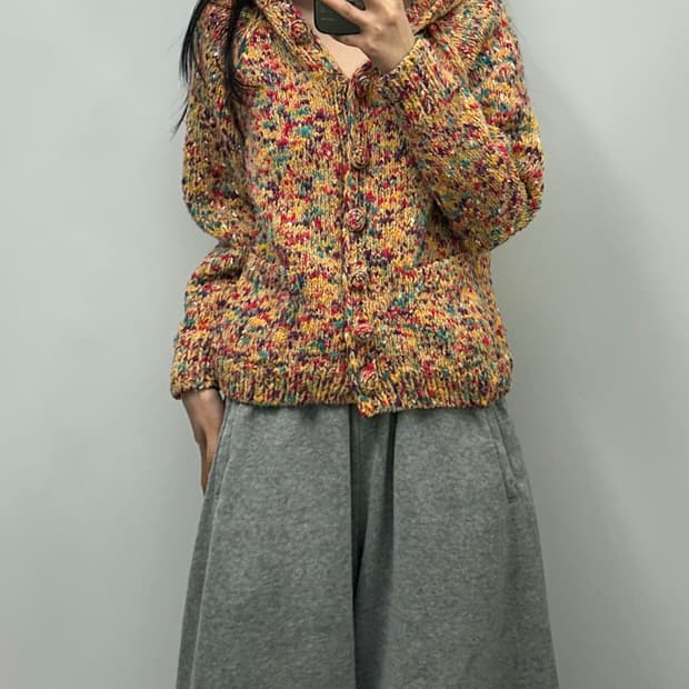 Japanese vintage 모리걸 멀티 패턴 니트 후드 가디건