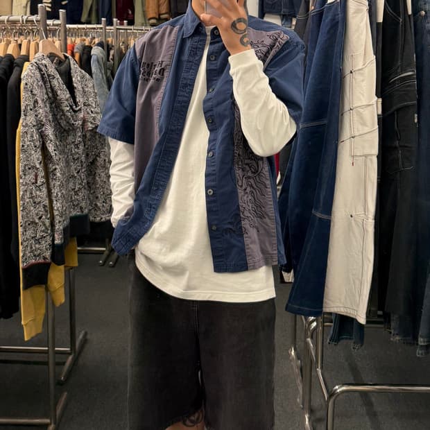 L)할리데이비슨 빈티지 스컬자수 프린팅 반팔 셔츠