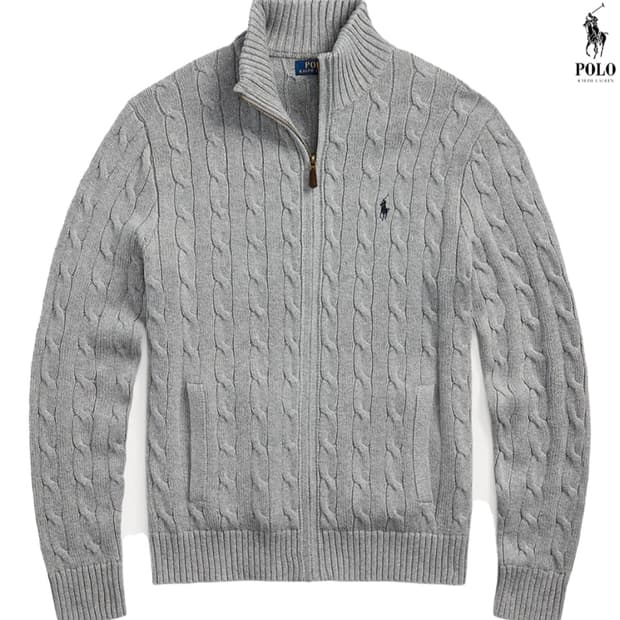 폴로 케이블 니트 코튼 풀 지퍼 스웨터 가디건 그레이 L