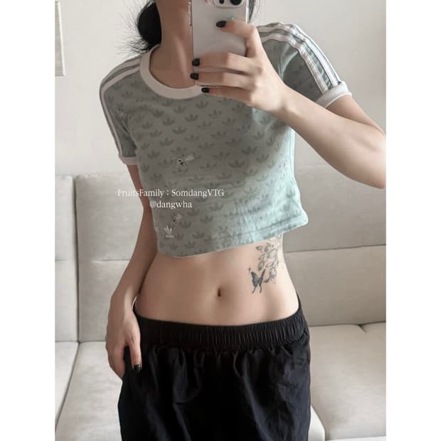 아디다스x디즈니 콜라보 스티치 민트코어 링거 크롭 반팔