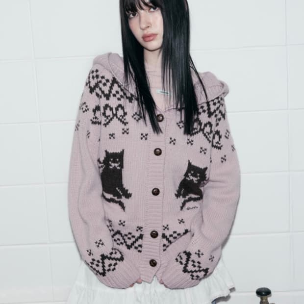 장원영 로라로라 고양이 자카드 후드 가디건 