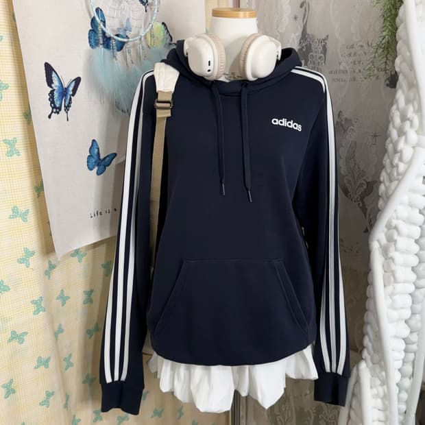 아디다스 네이비 삼선 후드 티셔츠