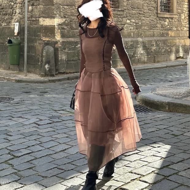 플레따 레이스업 오간자 드레스 브라운 세트 - 품절 상품