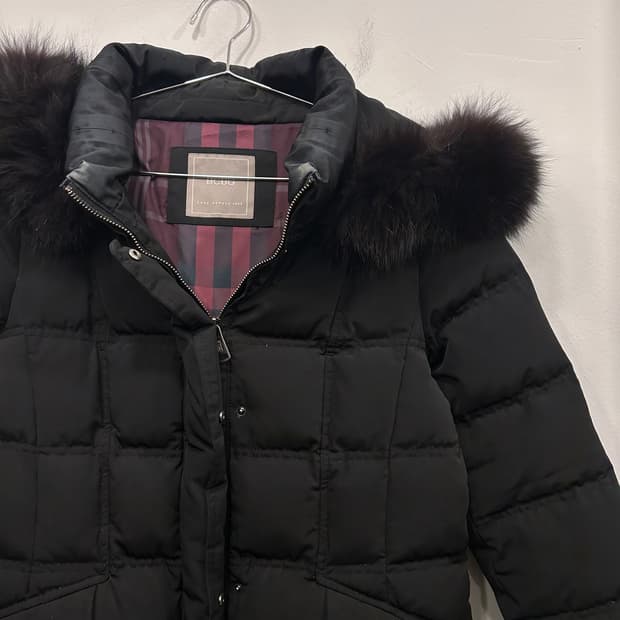 BCBG 여우털 덕다운 퀼팅 후드 롱패딩