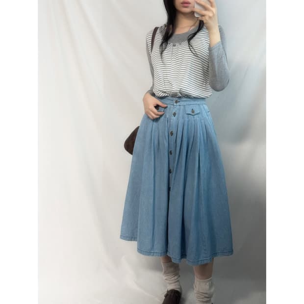 버튼 데님 롱 스커트