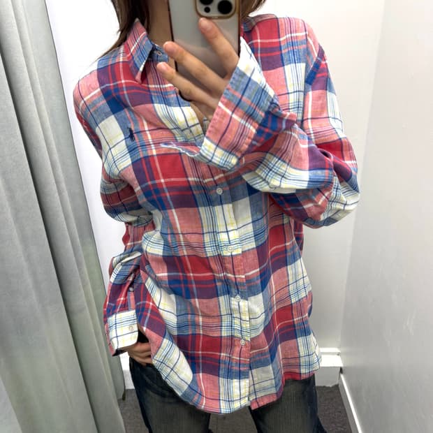 폴로 블루 레드 체크 릴렉스드핏 셔츠