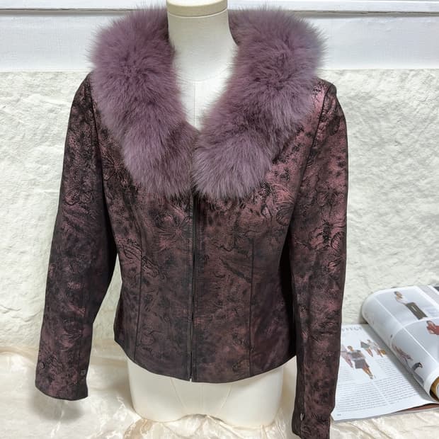빈티지 다크 퍼플 폭스퍼 칼라 나비 되지가죽자켓