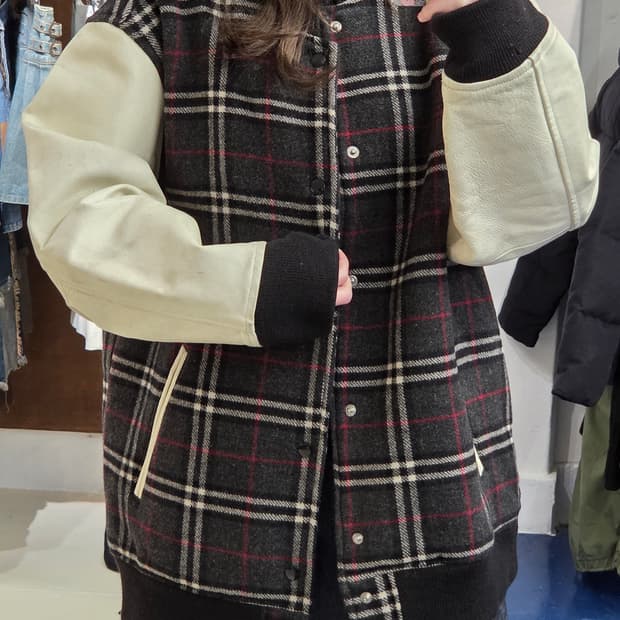 Japanese vtg 노바체크 돈피 레더 바시티 자켓