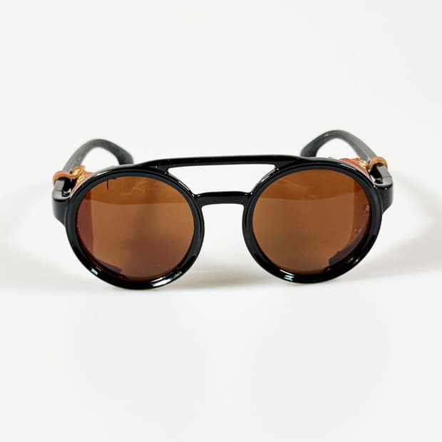 90s 블랙 더블 브릿지 레더 쉴드 라운드 고글 빈티지 틴트 선글라스