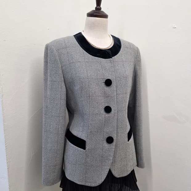 체크 벨벳 배색 여성 자켓