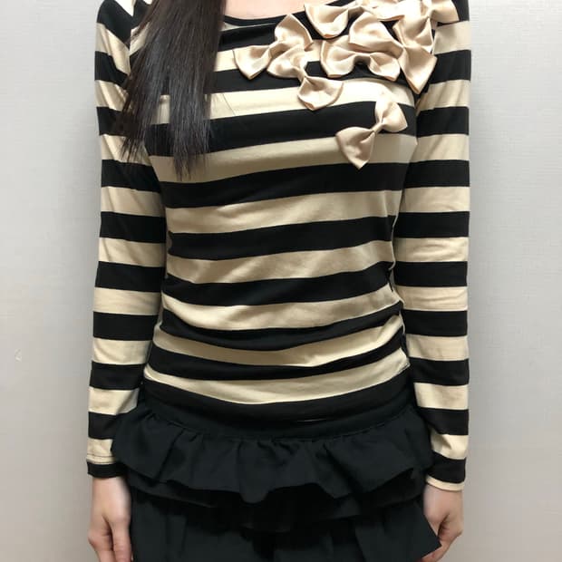 빈티지 베이지 리본 스트라이프 탑