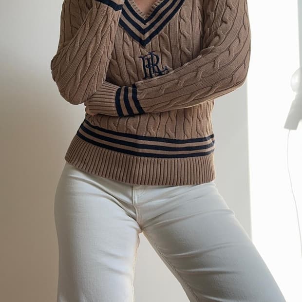 폴로 로렌 랄프로렌 브이넥 케이블 니트 브라운