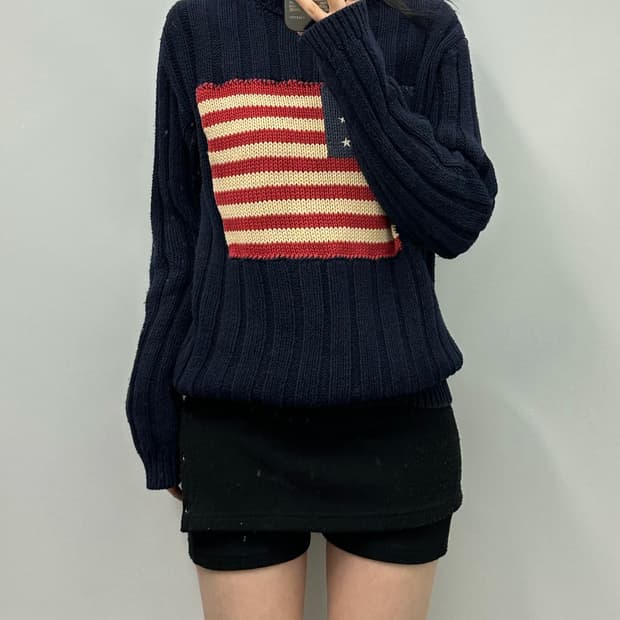 폴로 랄프로렌 성조기 네이비 목폴라 골지 니트