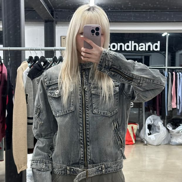 VTG Y2K 그런지 넥버클 데님 바이커 자켓