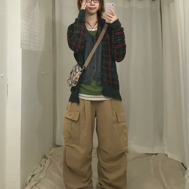 빈티지 그린 너드 니혼진 후드집업 코디 세트
