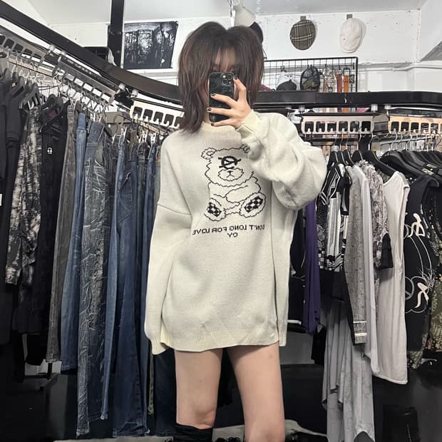 OY 곰인형 프린팅 니트