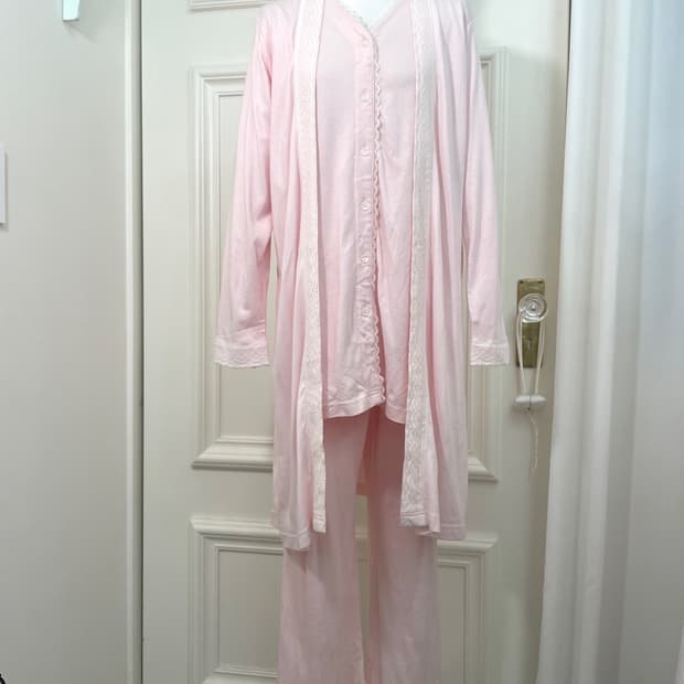 pink cotton lace point 3pcs pajama set