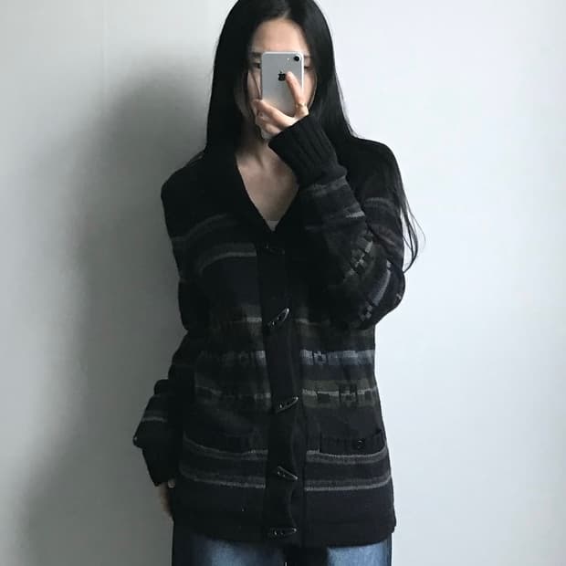 리바이스 패턴 니트 숄카라 가디건