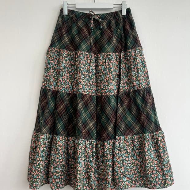 그린 체크 플로럴 롱 스커트