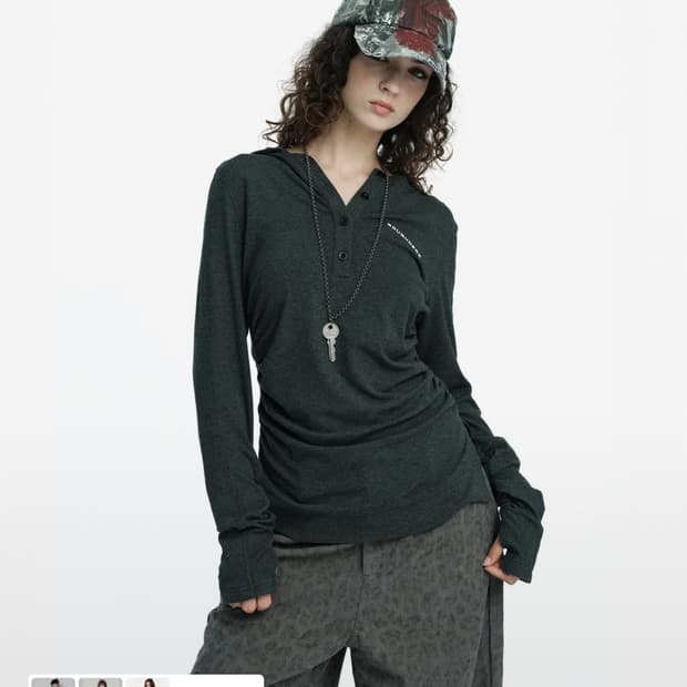 러프넥 헨리 후드 롱 슬리브 탑 그레이