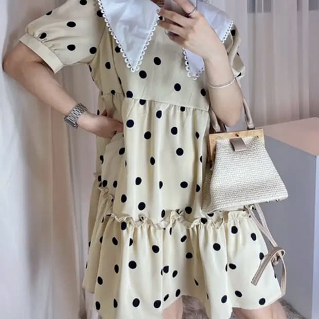 새상품) 레트로 빅카라 도트 미니원피스 블랙/베이지 일괄