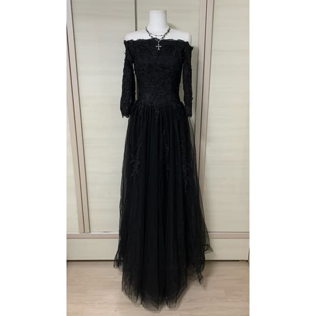 파티 연주회 코르셋 오프숄더 드레스 블랙 웨딩드레스 쉬폰 자수 레이스업