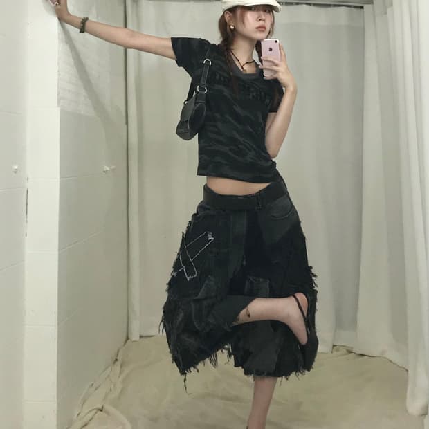 🏴‍☠️ 리메이크 커스텀 흑청 데님 팬츠, 블랙 카모 코디 세트