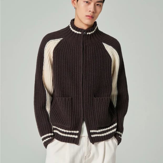 [L] 에잇세컨즈 브라운 배색 니트 집업 가디건 투웨이