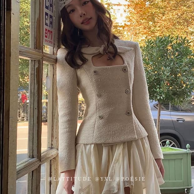파리지앵바이브 보우 스퀘어 트위드 자켓