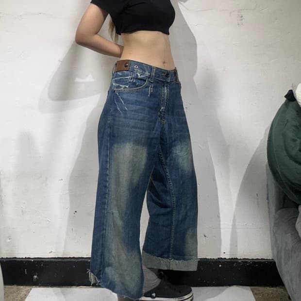 빈티지 Prps 재패니즈 중청 워싱 크롭 와이드 데님 팬츠