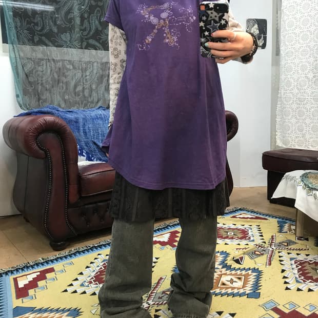 제페니즈 빈티지 단추 디테일 프린팅 롱 반팔티 