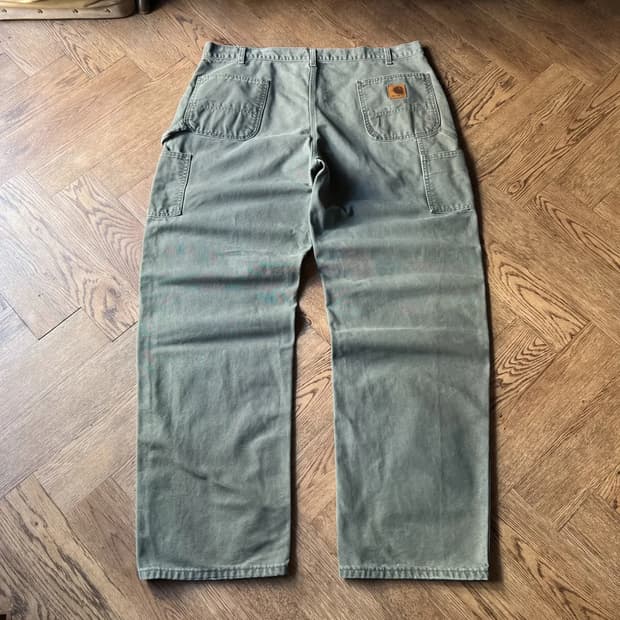 [42]칼하트 Made in USA 빈티지 워싱 모스그린 싱글니 워크팬츠