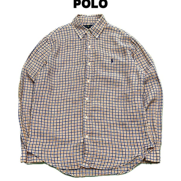 (M) 랄프로렌 슬림핏 체크 셔츠 오렌지/네이비