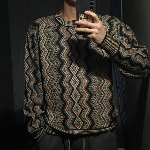 OTTIMO 베이지 멀티컬러 에스닉 지그재그 패턴 코튼 블렌드 니트 L