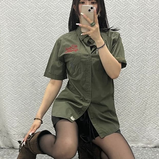 할리 데이비슨 밀리터리 사파리 헌팅 말차카키 워크 셔츠 M C13575