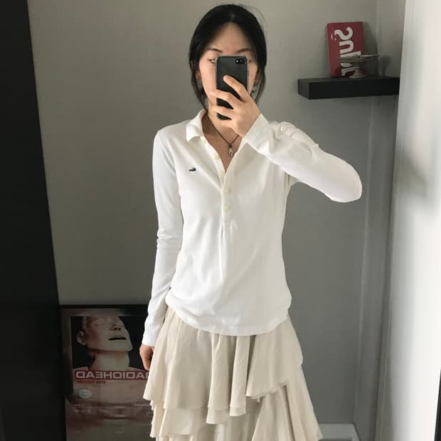 라코스테 미니로고 여성 긴팔 카라티 화이트 