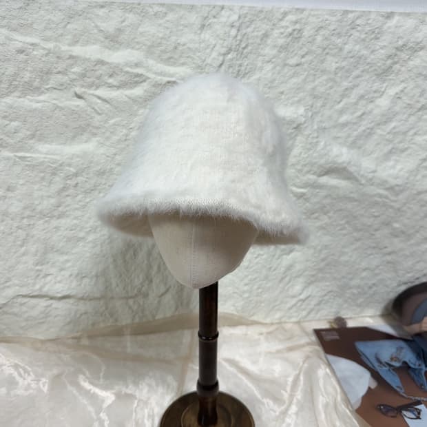 빈티지 하얀 토끼털 모자 조절가능 버킷햇