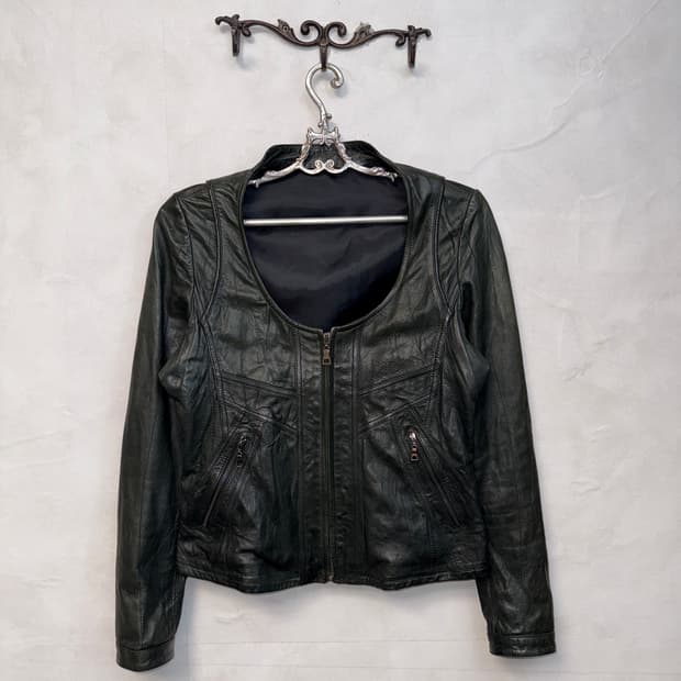 Black lamb skin non collar zipup jacket