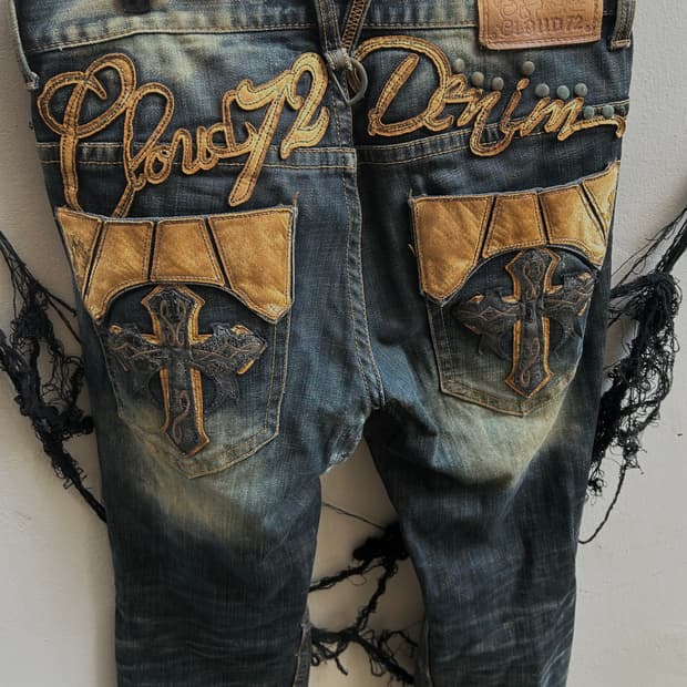 2000s clowd 72 펑크 크로스 레더 워싱 데님팬츠 