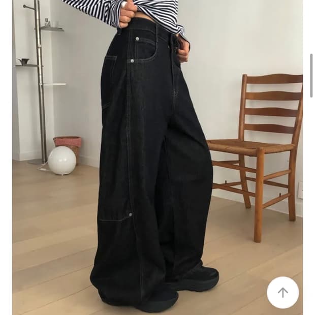 원더원더 쿠먼 스티치 절개 버튼 데님 벌룬핏 롱 팬츠
