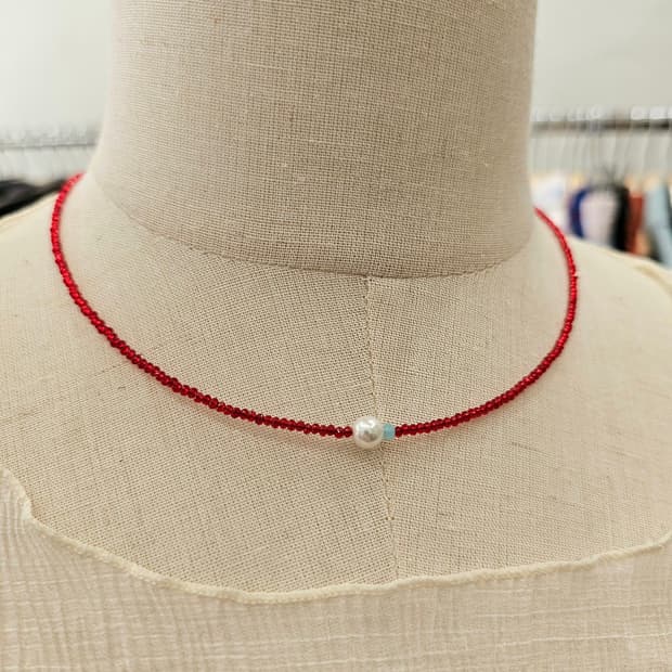 Handmade 레드 크리스탈 블루진주 한방울 목걸이