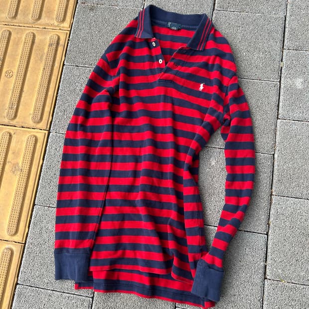 *Rare* 2000s 폴로 레드&네이비 스트라이프 카라 롱슬리브